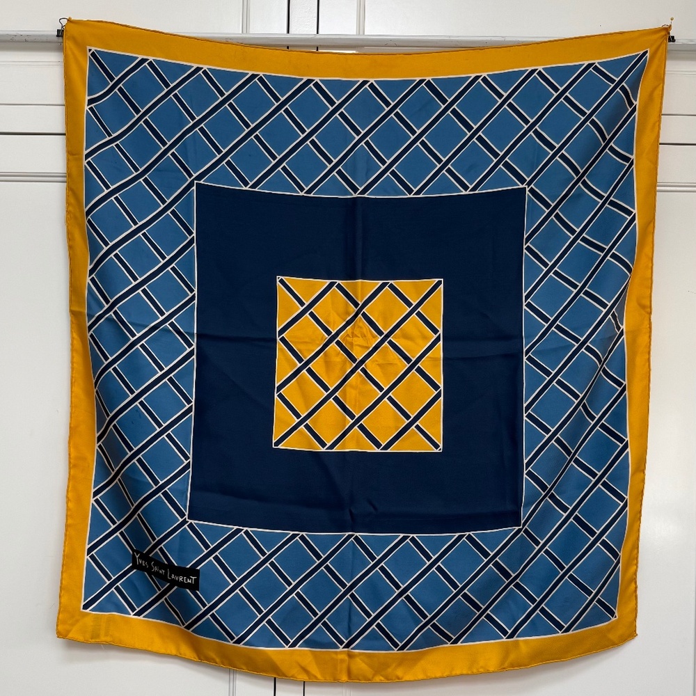 Vintage Yves Saint Laurent Scarf – Blue & Gold Geometric Grid 🟨🟦